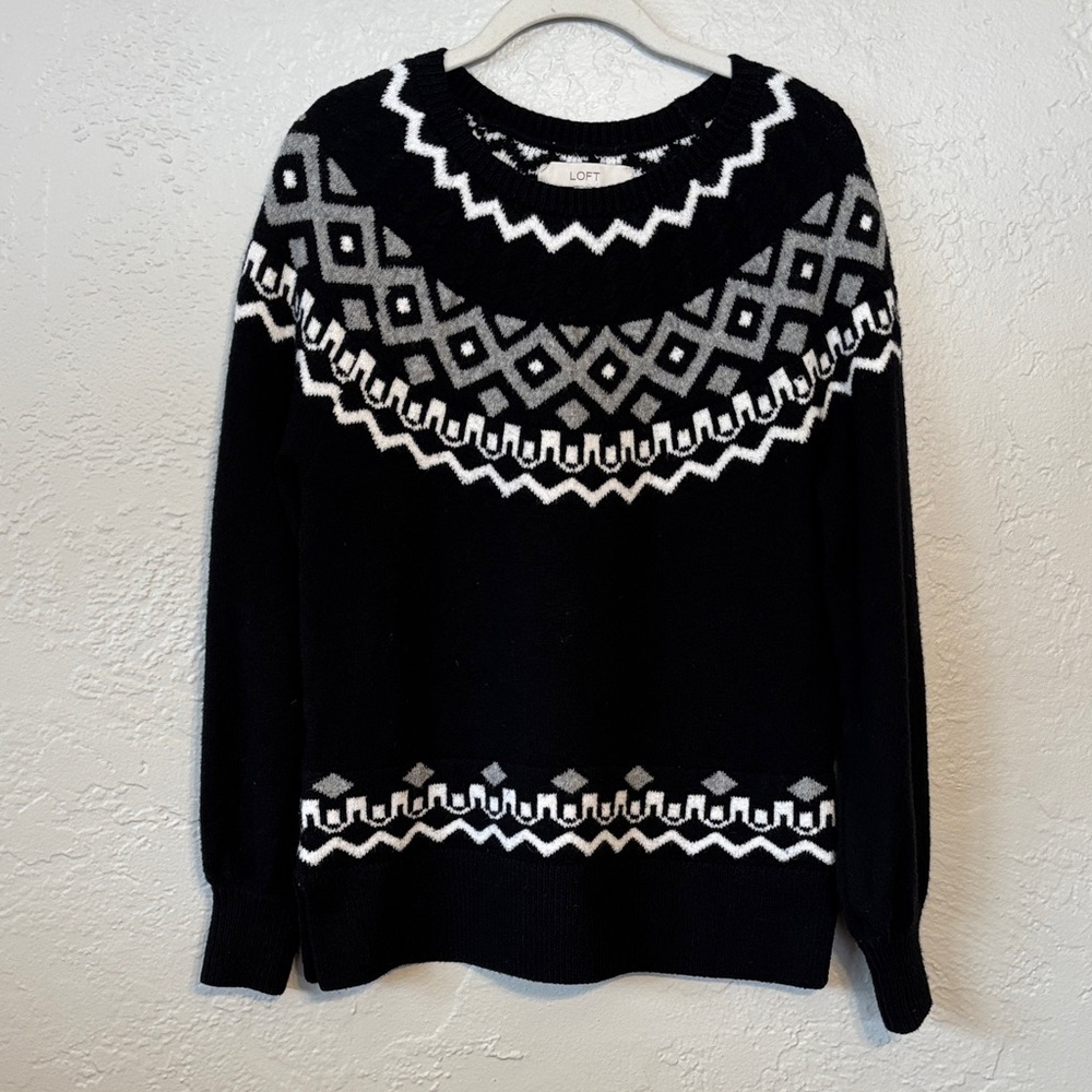 LOFT Black and White Fair Isle Knit Cotton Blend Oversized Pullover Sweater XS